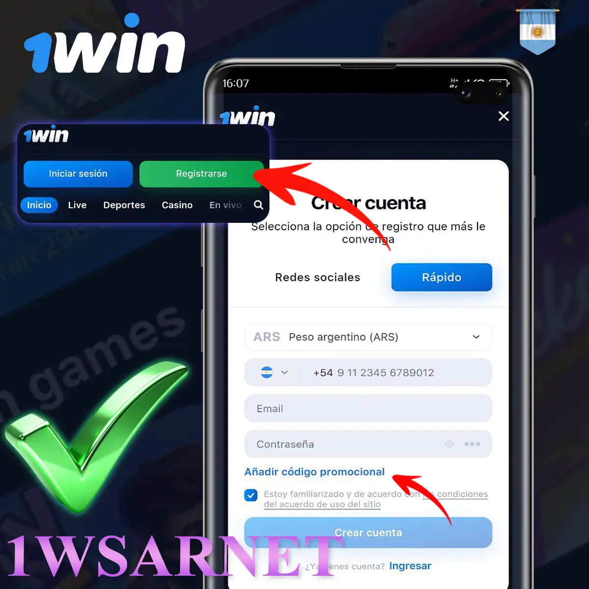 Cómo inscribirse a través de la aplicación 1win Argentina